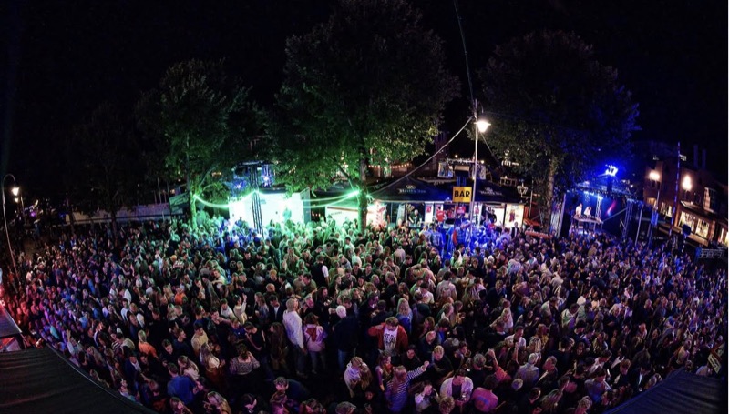 Avondfeest met een grote menigte onder de bomen